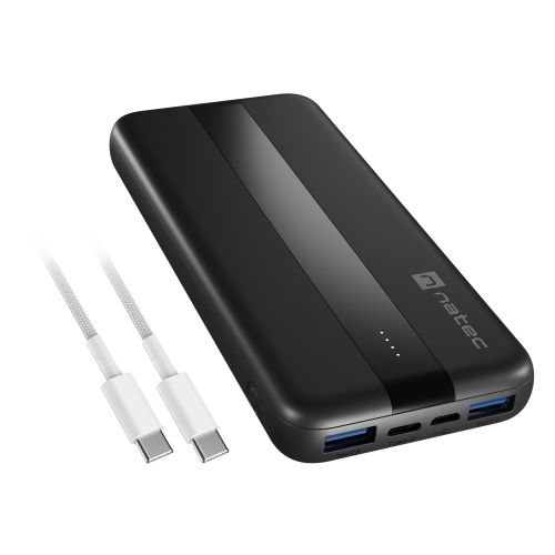 Power banka Natec TREVI SLIM Q V2 10000mAh, 2X USB-A 18W, 1X USB-C 20W, USB-C - USB0-C kábel, čierna NPB-2294